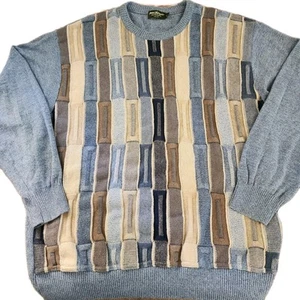 Norm Thompson XL 3D Knit Sweater Blue Beige Geometric Coogi Style Vintage - Picture 1 of 8