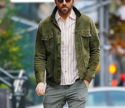 Chaqueta de invierno Ryan de moda verde elegante gamuza cuero camionero para hombre Foto 1 de 4