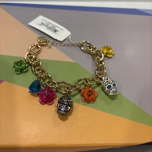 NEW Betsey Johnson Gold Tone Flower & Sugar Skull Charm Bracelet Crystal - Picture 1 of 13