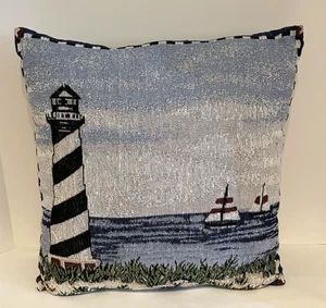 Tapestry Throw Pillow Lighthouse Ocean Seashore Sailboats 16 Inches X 16 Inches - Picture 1 of 3