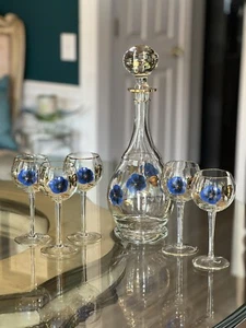 Vintage Bohemian Pansy Butterfly Decanter Set Glass Stopper 5 Stem Glasses - Picture 1 of 19
