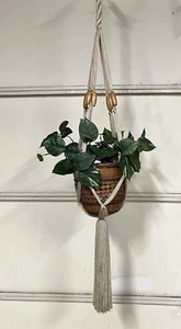 Vintage Yarn Macramé Wood Bead Plant Hanger With Wicker Basket and Fake Plant - Picture 1 of 6