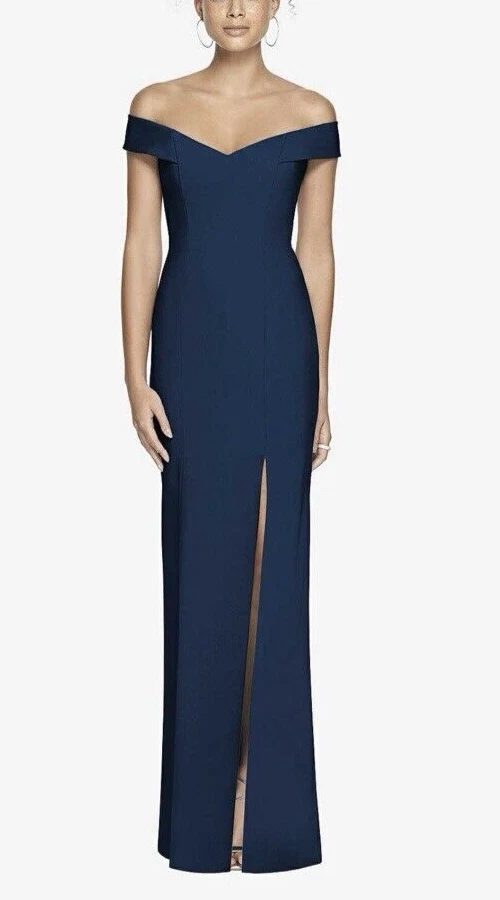 Dessy Collection Crepe Off-the-Shoulder Criss Cross Back Trumpet Gown #3012