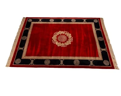 Vintage Chinese Art Deco Aubusson  Rug 8.5x11.5' Red & Black 100% Wool Shou - Image 1 of 4