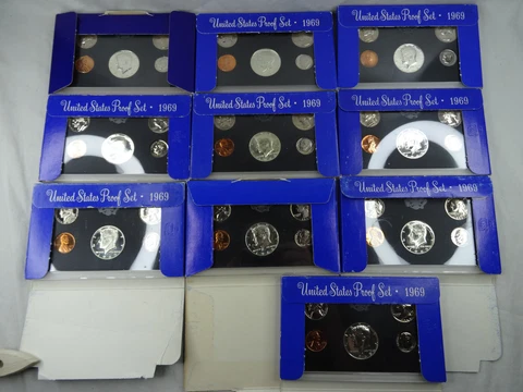 1969-S Lot of 10 US Mint 5 Coin Proof Sets with 40% Silver Kennedy Half OGP Cover