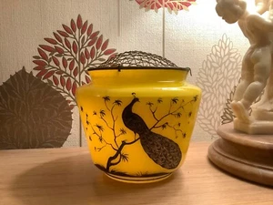 Vintage Czech Bohemian 1930’s Yellow Tango Glass Posy Vase Bowl peacock pattern - Picture 1 of 6