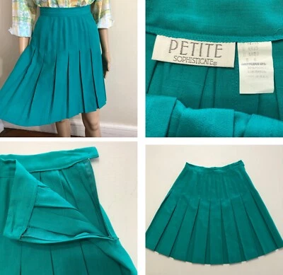 винтажный 80-х миниатюрный изысканный размер 8 плиссированные школьница мини юбка бирюзовый EUC - Изображение 1 из 4