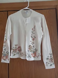 Cárdigan Suéter Pequeño Talbots IBeige Floral Mezcla Seda PS NUEVO - Imagen 1 de 3