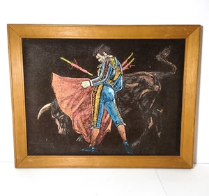 Velvet Painting Vintage Matador Bullfighter Black Spanish Wood Framed Retro Art - Picture 1 of 10