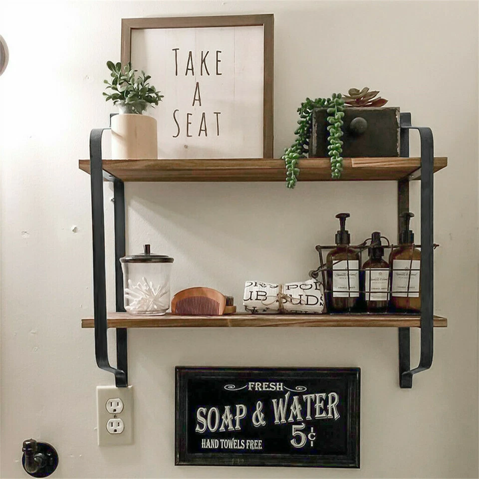 Large Rustic Industrial Pipe Wall Floating Shelf Wooden Storage Shelving Unit US