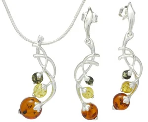 JUEGO DE PENDIENTES Y COLLAR CADENA DE PIEDRAS PRECIOSAS JOYERÍA FINA ÁMBAR BÁLTICO - Imagen 1 de 6