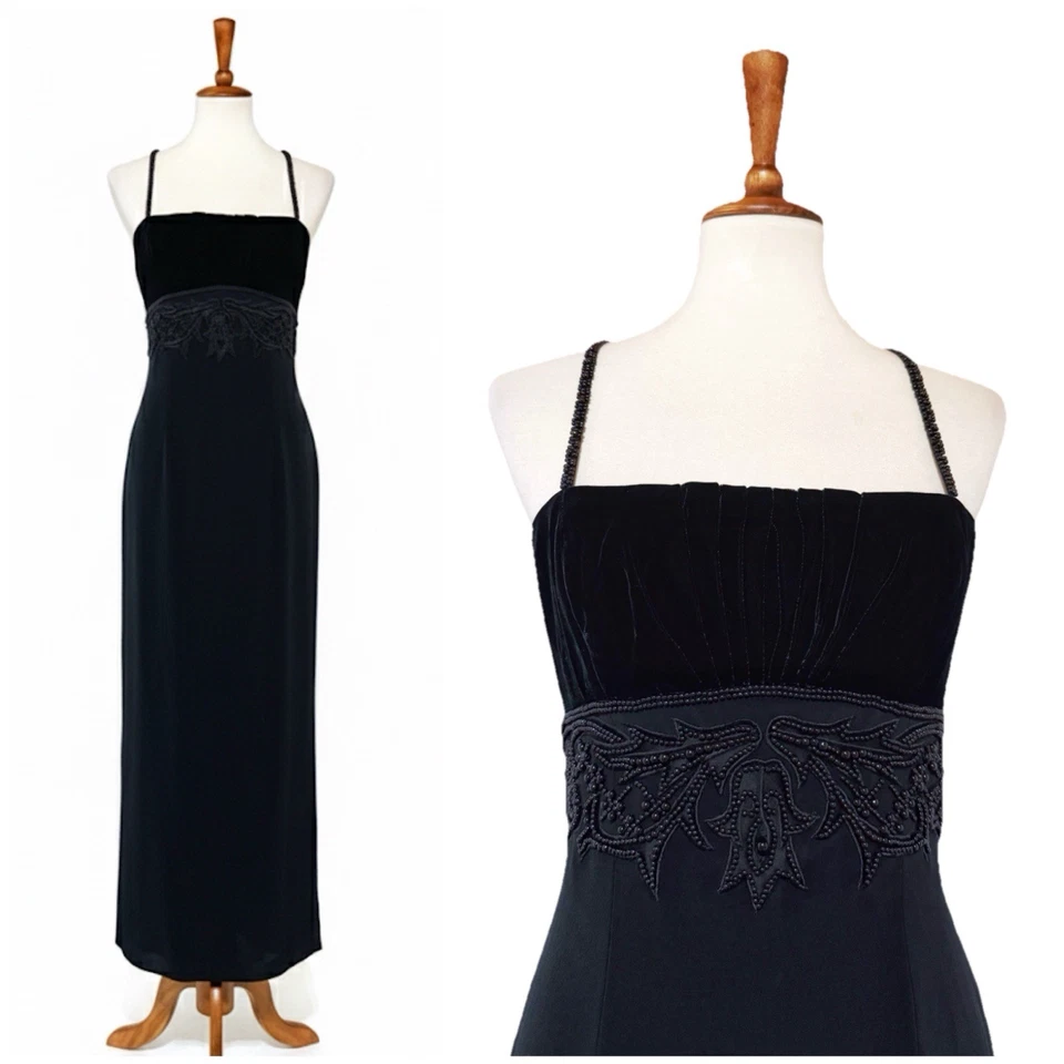 罕见复古 90 年代 Niteeline Della Roufogali 哥特礼服串珠黑色晚礼服 6 码 — 第 1/4 张图片