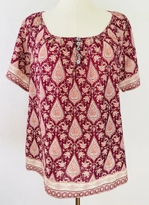 Top Garnet Hill magenta paisley manica corta taglia 12 L cotone biologico boho contadino - Foto 1 di 9