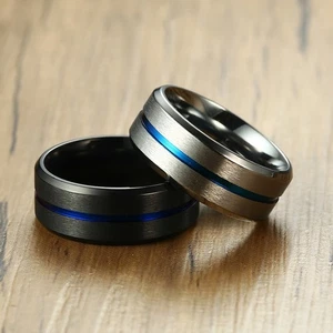 Titan Stahl Herrenring Blau Edelstahl Gelenk zwischen Rillen - Bild 1 von 12