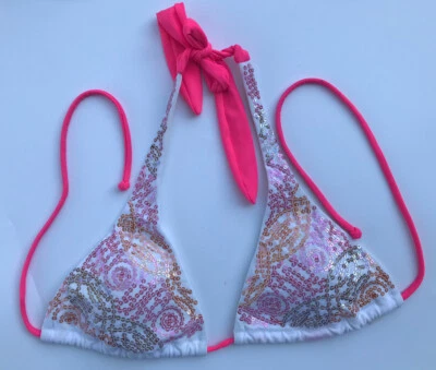 Top de bikini Victoria’s Secret VS lentejuelas triángulo blanco rosa tanga talla pequeña S Foto 1 de 4