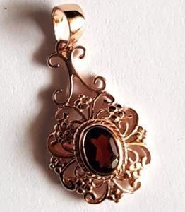 Genuine 9ct Yellow Solid Gold Natural Garnet Drop PENDANT Filigree - Picture 1 of 2
