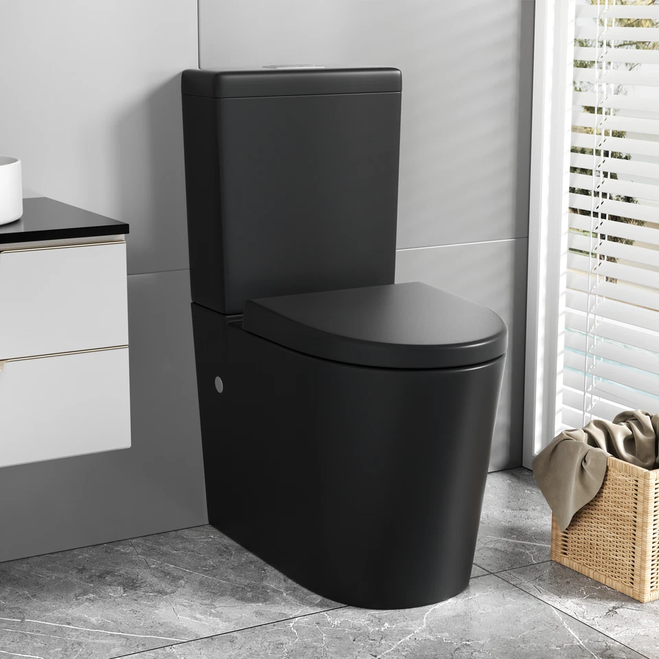 SORRENTO BATHROOMS Matt Black Rimless Close Coupled Toilet Comfort Height Back to Wall WC Pan Round