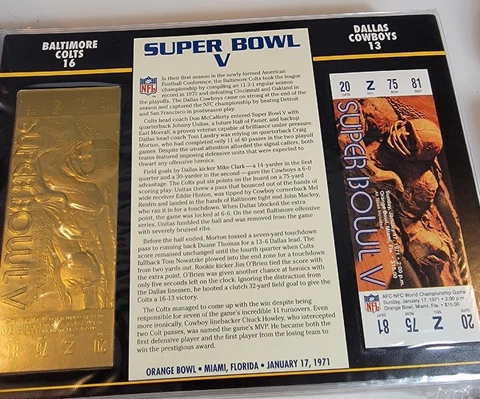 Super Bowl V 22kt Gold Ticket Stub NFL Baltimore Colts Vs Dallas Cowboys Cover