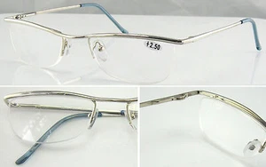 Halbrandlose silberne Lesebrille oben flach braun Federscharnier Arme L86 - Bild 1 von 3