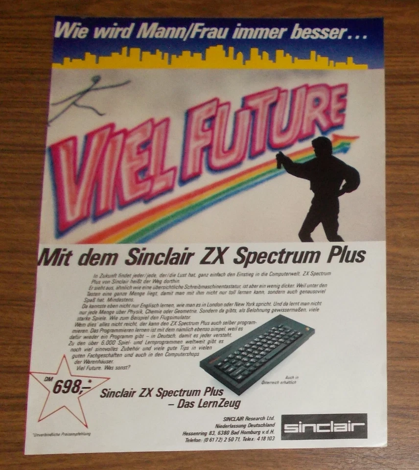 Seltene Werbung  SINCLAIR ZX SPECTRUM PLUS Heimcomputer - Viel Future 1985 - Bild 1 von 1