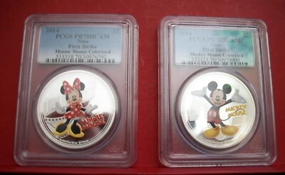 2014 DISNEY Minnie & Mickey COLORIZED 2 OZ SILVER  PCGS PR 70 DC FIRST STRIKE - Image 1 of 2