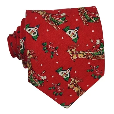 Corbata de Navidad Buckingham con estampado de Papá Noel y Reno 100% Algodón Rojo De colección Foto 1 de 4