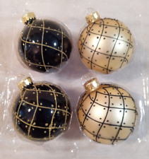 2008 Snowfall Splendor 4 black & gold round ball glass ornaments - MINT