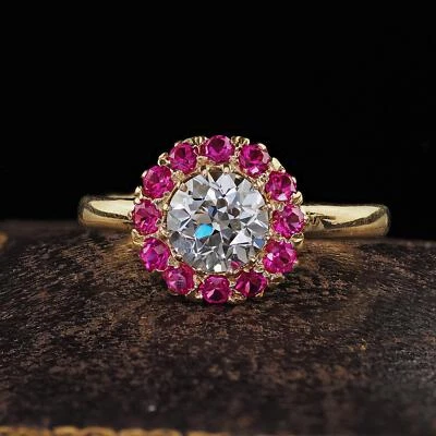 Anillo de compromiso retro Tiffany Co oro 18 quilates diamante rosa zafiro halo - GIA Foto 1 de 4