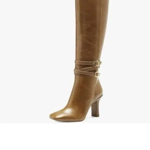 FSJ Women Fashion Knee High Long Boots Pull On Closed Toe Chunky Mid Heel Brown - Picture 1 of 7