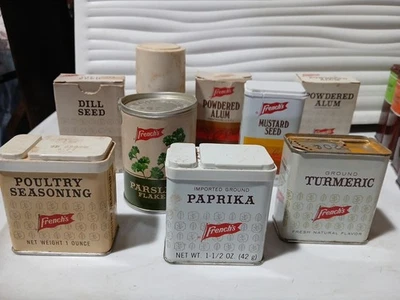 Lot of 9 Vintage Spice Tins French's Alum, Paprika, Mustard, Dill Advertising - Image 1 of 4