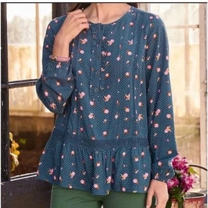 Matilda Jane New Blue Polka Dot Floral Lace Blouse Size XS Peplum Hem Cottage - Picture 1 of 12