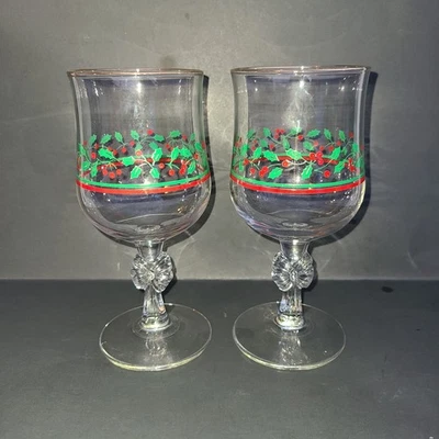 2 Vintage Libbey Holly Berry Bow Stem Gold Rim Christmas Wine Water Glasses - Image 1 of 4