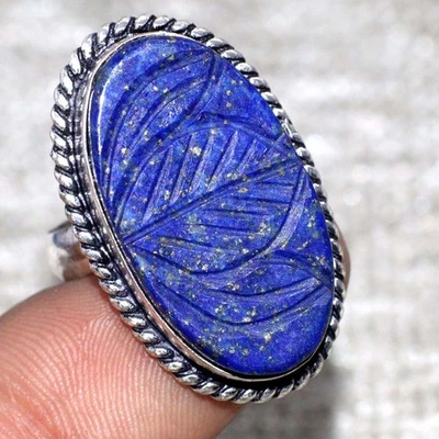 Carved Natural Lapis Lazuli 925 Silver Plated Ring US 8 Ethnic Gift JW - Image 1 of 3