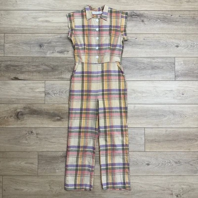 Christy Dawn Phoebe Plaid Linen Jumpsuit Small Button Front Romper Pastel Preppy - Image 1 of 4