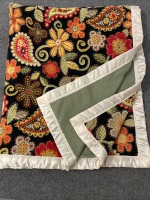 复古花卉佩斯利羊毛毯缎面装饰绿色背衬 50 X 56 舒适扔 — 第 1/4 张图片