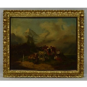 19Jh. Altes ÖlGemälde Landschaft mit Viehhüter und Bäuerinnen 82x69cm - Bild 1 von 9
