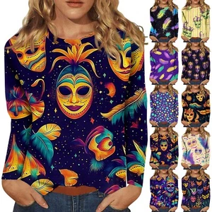 Casual Funny Festival Top Long Sleeve Shirt Women Cute Print Graphic Tee Blouse - Picture 1 of 42
