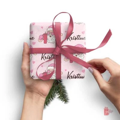 Rollo de papel de envolver navideño personalizado rosa vintage de Papá Noel con envoltura de regalo con nombre Foto 1 de 3
