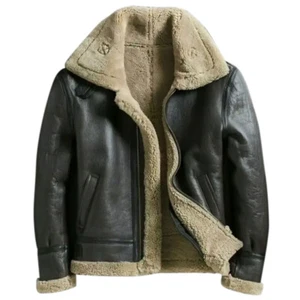 Handgefertigte schwarze Schaffelljacke aus echtem Leder für Herren - Bild 1 von 4