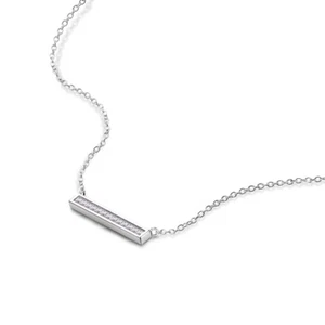925 Sterling Silver Sideways Bar Pave CZ Pendant Rolo Chain Necklace 18" Women's - Picture 1 of 7
