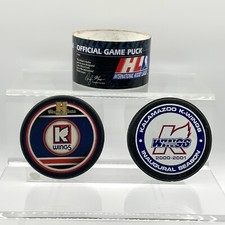 Vintage Kalamazoo K-Wings Hockey Pucks With IHL Cardboard Holder /ah