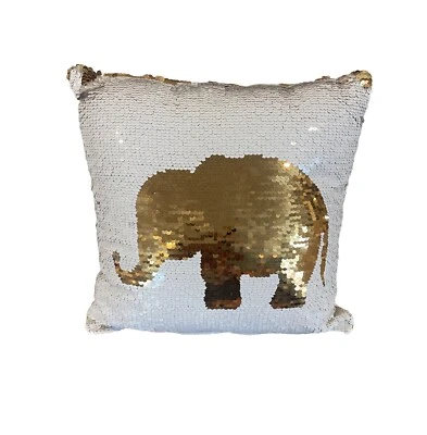ELEPHANT Sequins  THROW PILLOW Flip 11x11x3” Decor Accent White Gold - Image 1 of 4