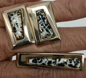 Vtg Black Lucite? with Silver Metallic Flecks, Goldtone Cufflinks &Tie Bar NICE! - Picture 1 of 6