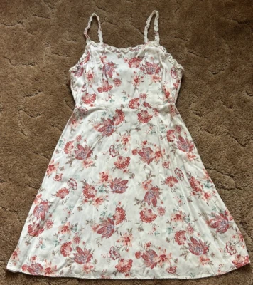 SO Skater Fit & Flare Mini Dress Small Ruffle Straps White Coral Pink Floral - Image 1 of 4