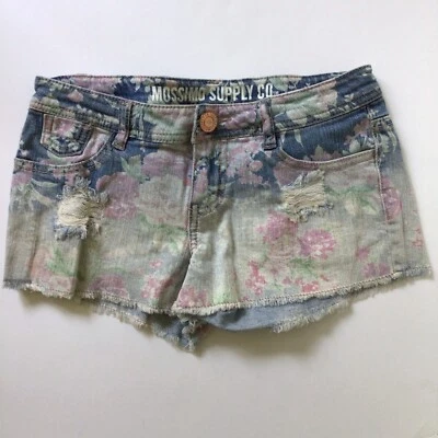 Mossimo Supply Co Shorts Womens 3 Blue Pink Jean Distressed Floral Stretch - Image 1 of 4