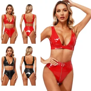 Damen Wetlook Bikini Set Badeanzug Lakleder BH Oberteil und Reißverschluss Slip - Bild 1 von 34