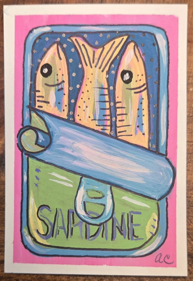 ACEO PINTURA ORIGINAL SARDINAS EN LATA GOUACHE CAPRICHOSO LINDO COLORIDO MINI ARTE Foto 1 de 1