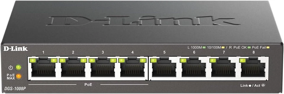 D-Link DGS-1008P 8-Port Gigabit Unmanaged Desktop PoE Switch 60W Power Fanless - Image 1 of 4