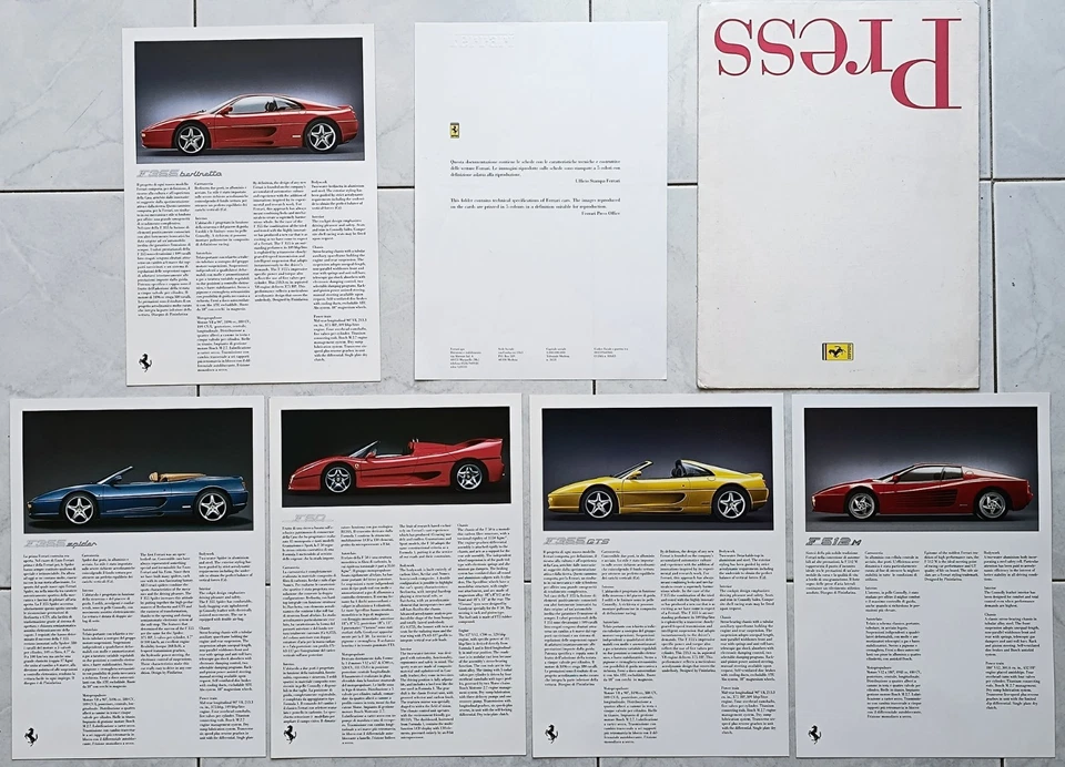 FERRARI Cartella Stampa 1995 con Schede Tecniche : F50 F512 M F355 GTS F355 Spyd Foto 1 de 4