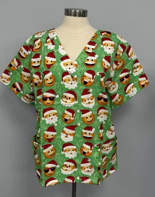 NWT Buttersoft Christmas Scrub Top L Santa Emojis Green Cotton Scrubs Nurse - Image 1 of 4